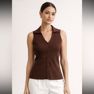 Crescent Brown Ribbed Sleeveless Button-Up Top | Y2K Minimal Chic